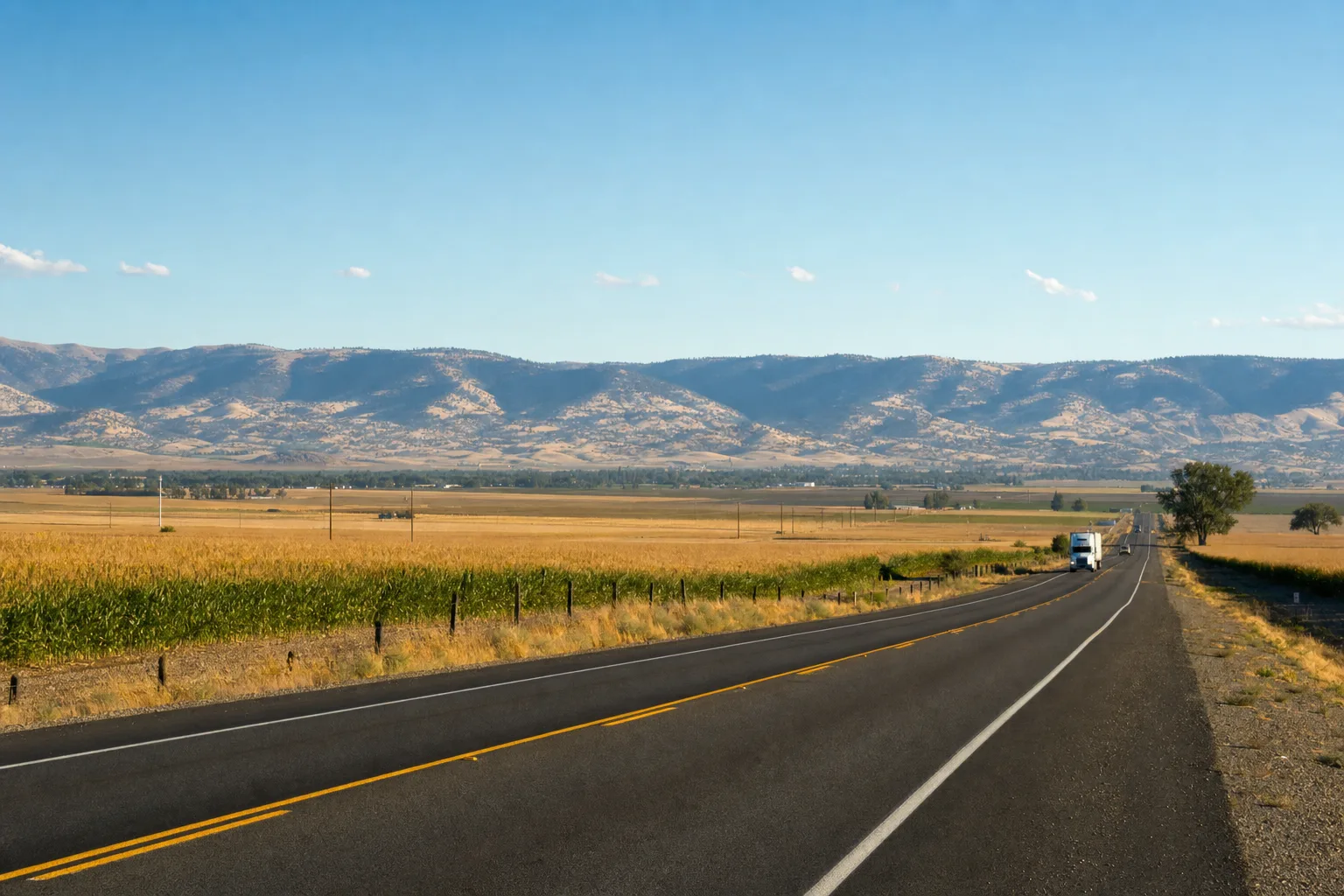 A Northern California rural highway running through golden farmland toward distant foothills
