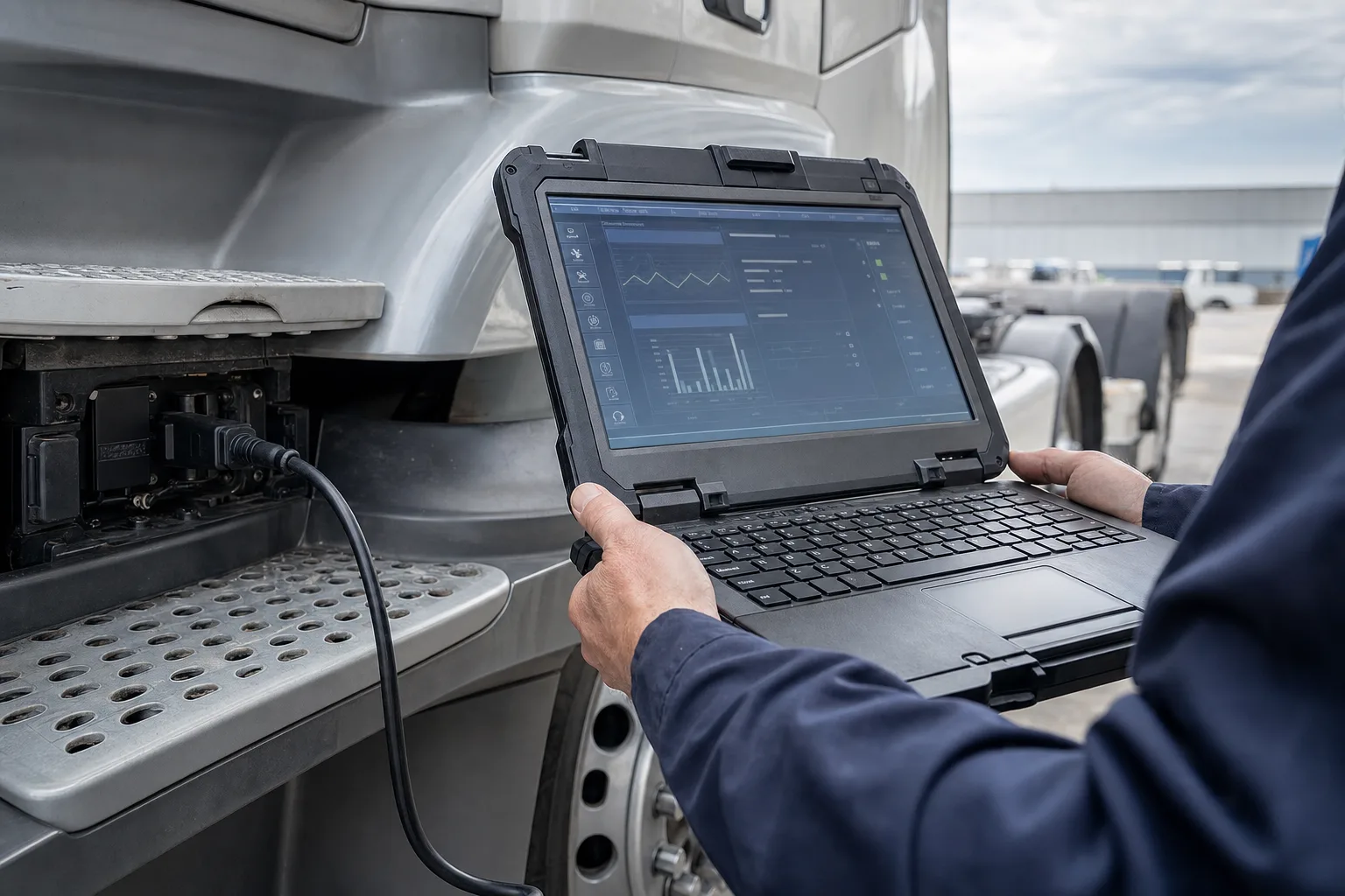 A technician holding a rugged diagnostic laptop connected to a heavy-duty diesel truck's OBD port